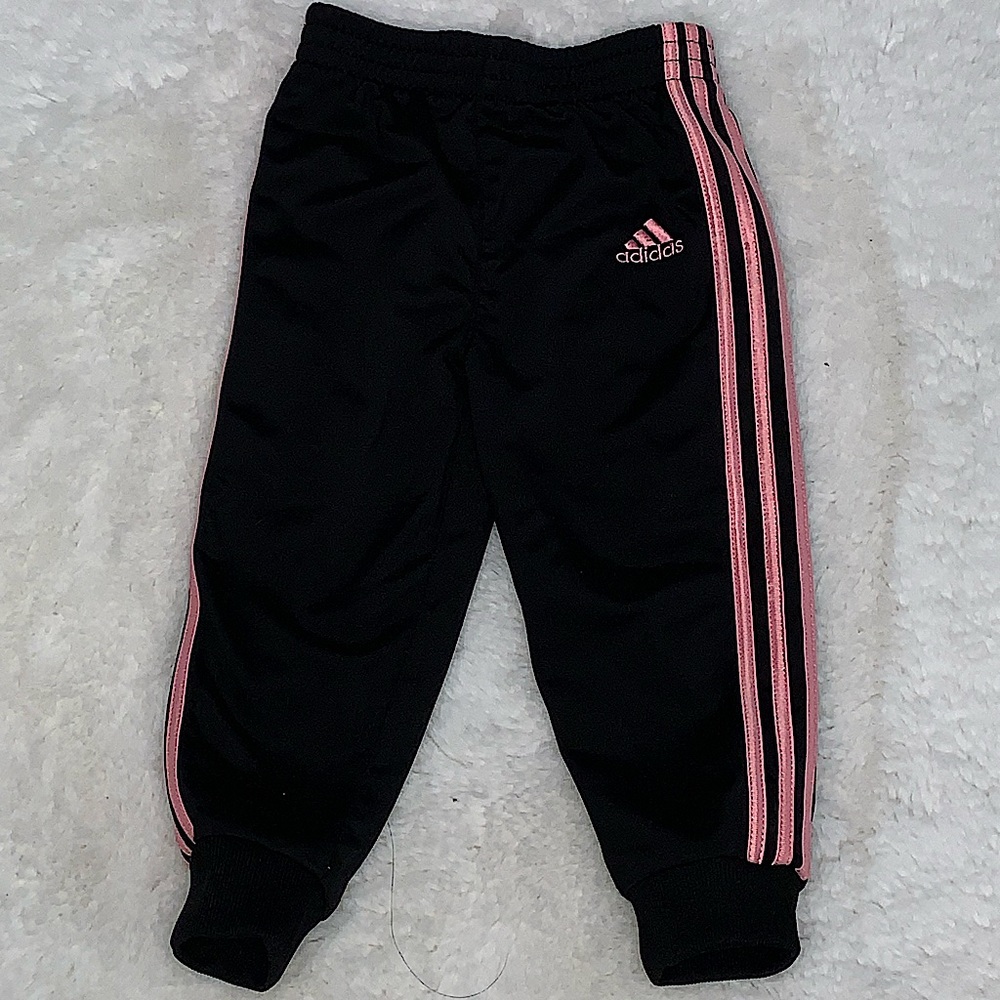 ADIDAS BLACK JOGGERS WITH THREE PINK STRIPS